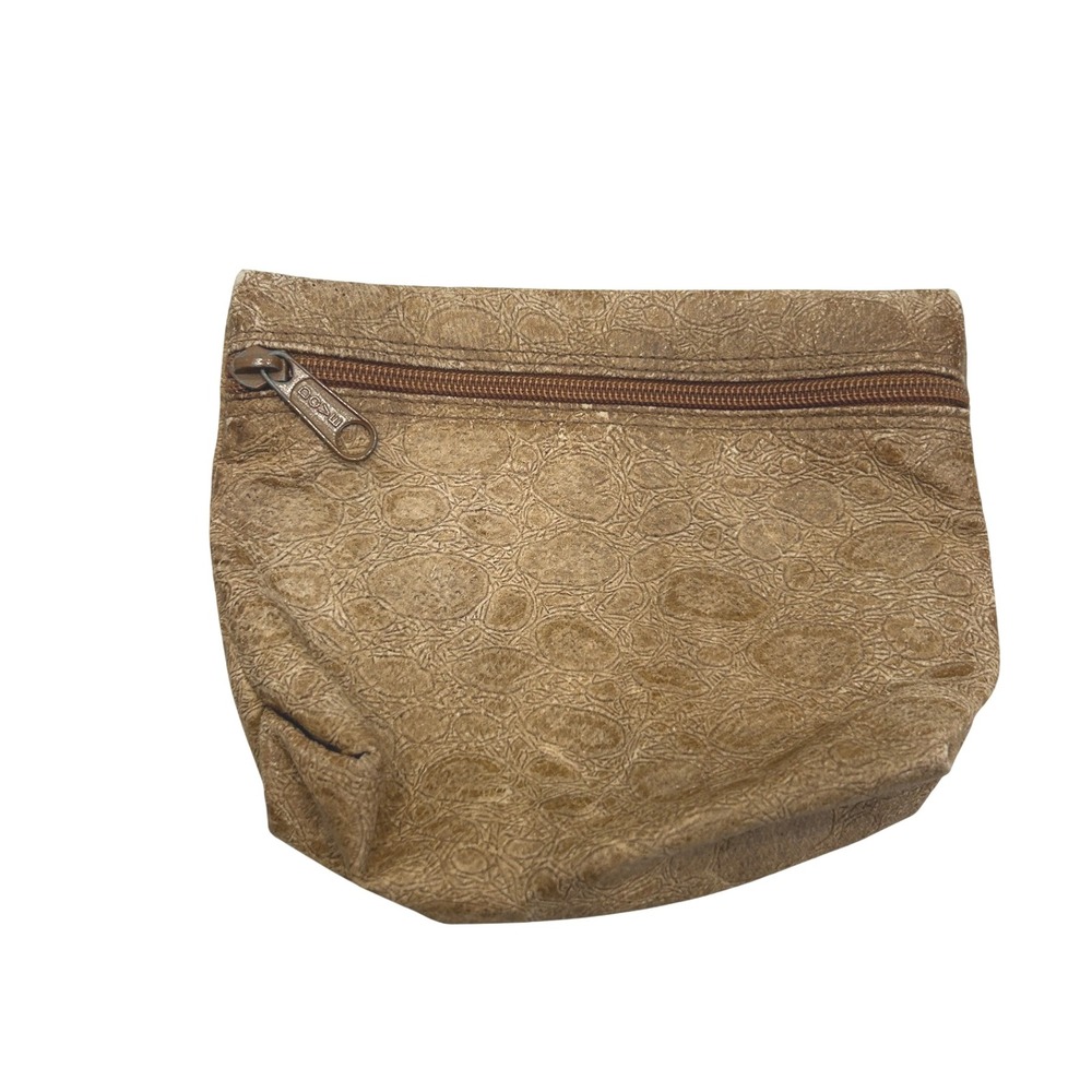 Vintage Carlos Falchi‎ Brown Embossed Leather Zipper Pouch Clutch Bag- medium